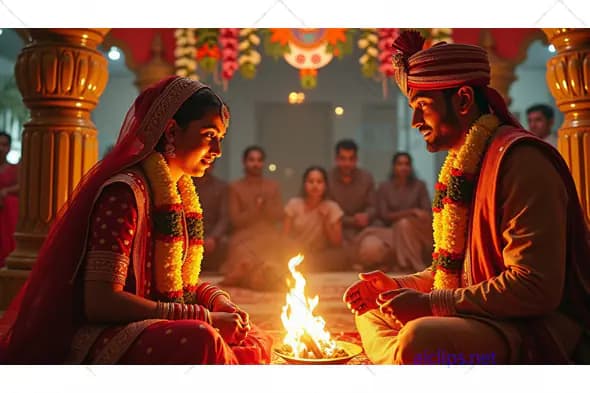 Indian Wedding Ritual with Bride and Groom in Traditional Attire