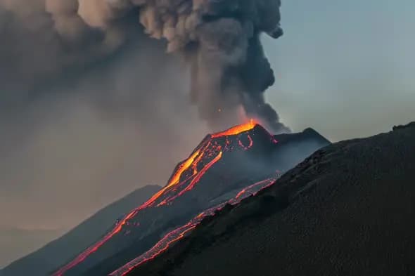 Explosive Volcanic Eruption Spewing Molten Lava Dramatic Landscape