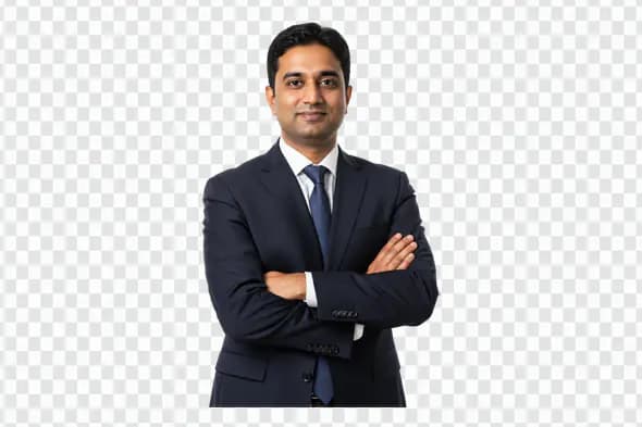 Confident South Asian Executive in Navy Suit PNG