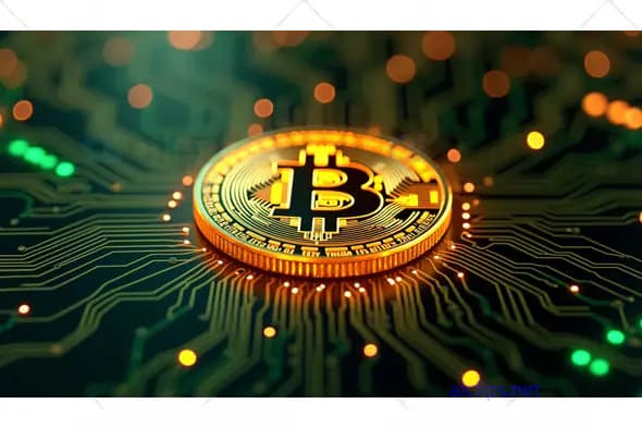 Golden Bitcoin on Digital Circuit Background