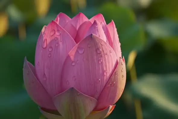 Close-Up of Dew-Covered Pink Lotus Flower in Bloom