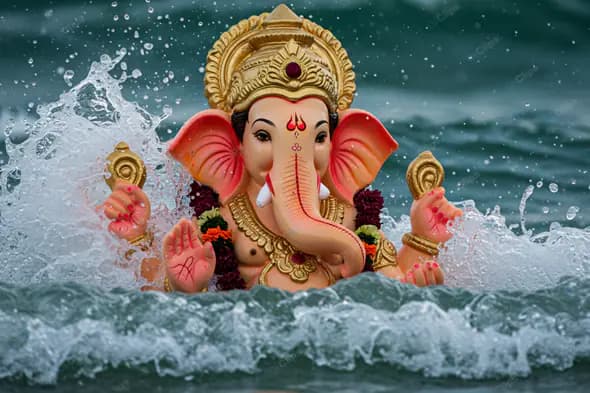 Ganesha Idol Amidst Crashing Waves