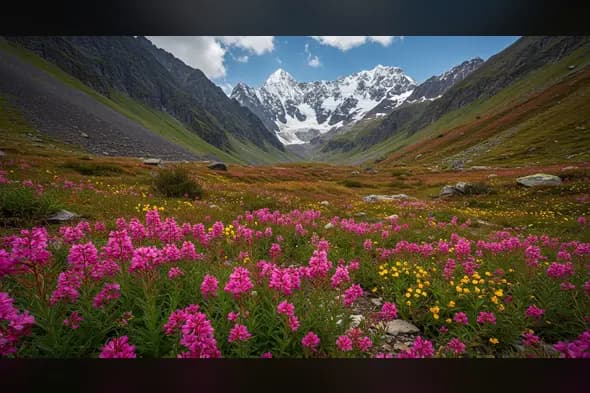Vibrant Wildflowers in Himalayan Valley Beneath Snowy Peaks