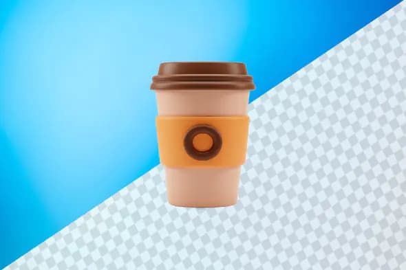 Realistic takeaway coffee cup with orange sleeve design