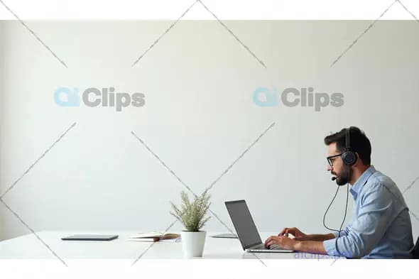 Professional Man Working on Laptop with Headset in a Minimalist Office