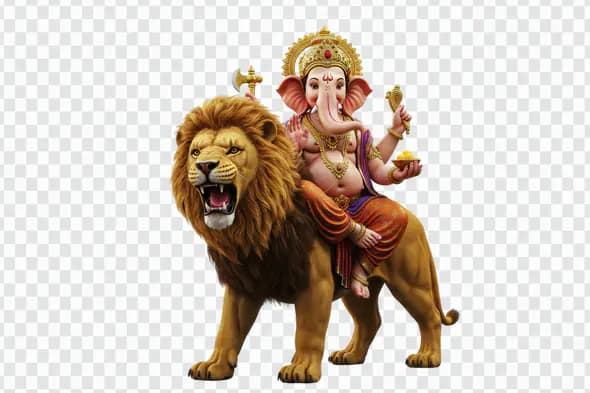 Ganesha Riding Majestic Lion Deity PNG Clipart