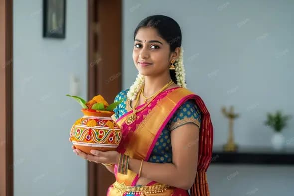 Graceful Indian Woman with Festive Offering