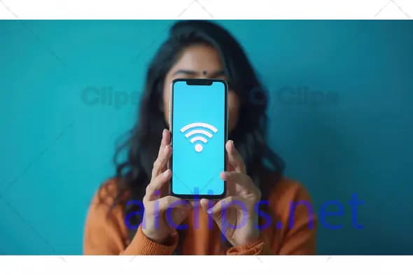 Woman Holding Smartphone with Wi-Fi Icon Display