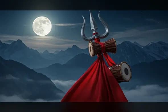 Trishul with Damru and Dhol in Full Moon Himalayan Scene | AIClips Devotional Art