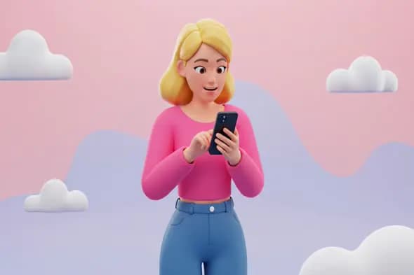 3D Woman Using Smartphone in Pastel Scene