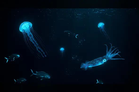 Glowing Jellyfish and Bioluminescent Squid in the Abyss