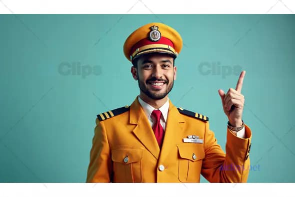 Smiling Male Attendant in Yellow Uniform Pointing Up