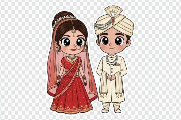 Charming Indian Bride and Groom Cartoon Clipart PNG