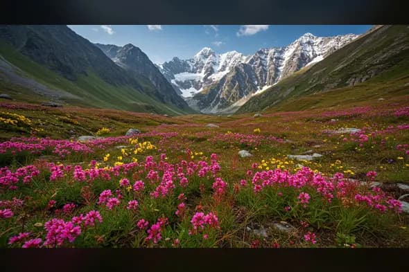 Blooming Himalayan Valley with Snow-Capped Peaks and Alpine Flowers