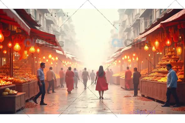 Bustling Indian Flower Market at Dawn with Warm Lanterns