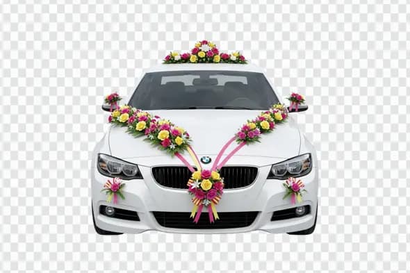 Floral Decorated White Luxury Car for Wedding PNG