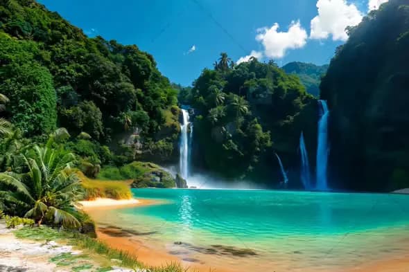 Tropical Waterfall Lagoon with Pristine Turquoise Waters