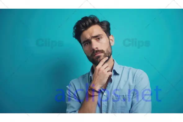 Thoughtful Man in Blue Shirt Pondering