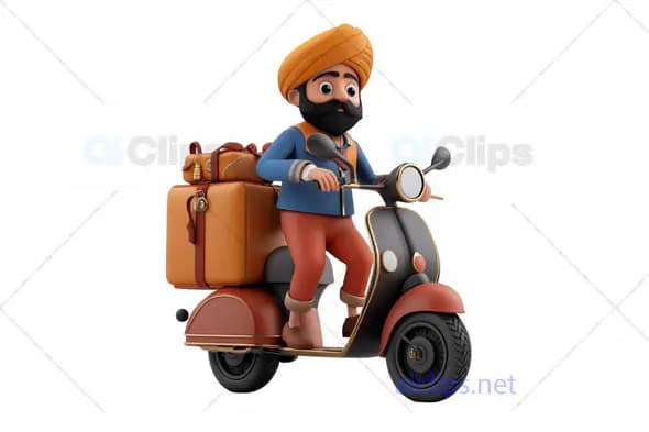 3D Indian Traveler Avatar on Scooter with Luggage