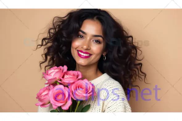 Smiling Woman Holding Pink Roses