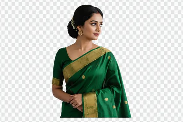 Elegant Woman in Emerald Green Silk Saree PNG
