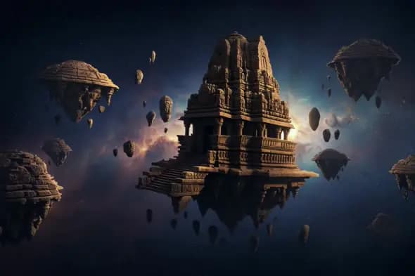 Floating Ancient Indian Temple in Cosmic Space