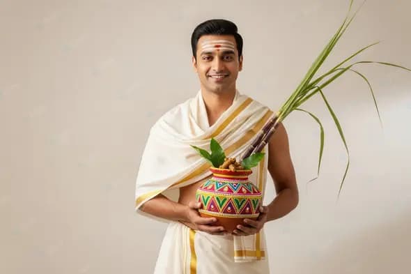South Indian Man with Traditional Pongal Harvest Offering