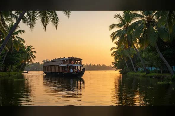 Peaceful Kerala Houseboat Cruise Through Backwaters at Sunset