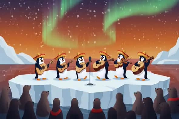 Cute Penguins Performing Music on Ice Stage Under Northern Lights