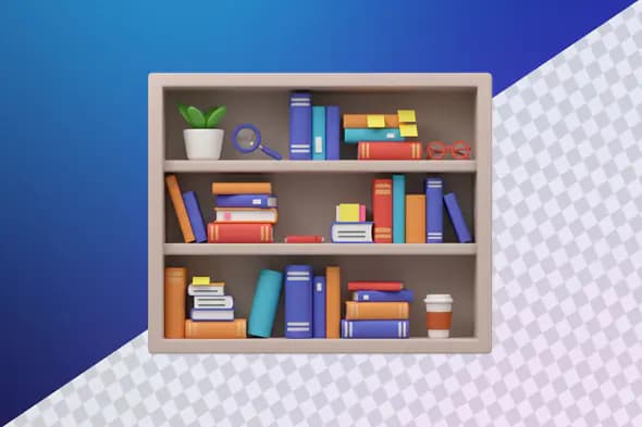 Colorful bookshelf with books and office accessories