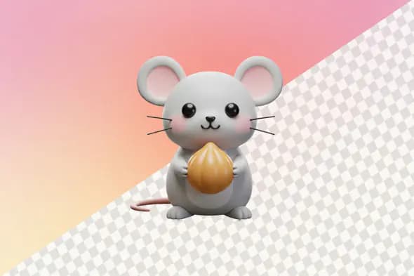 Adorable gray mouse holding golden nut 3D model