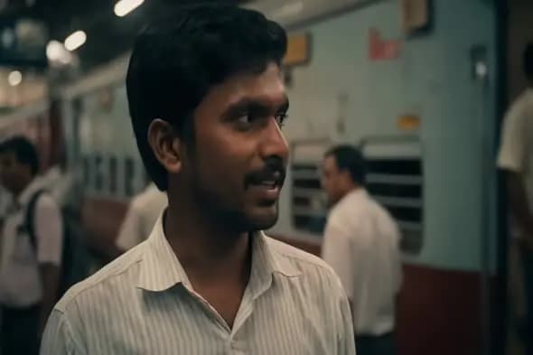 Indian Man Smiling at Railway Station Platform with Train in Background