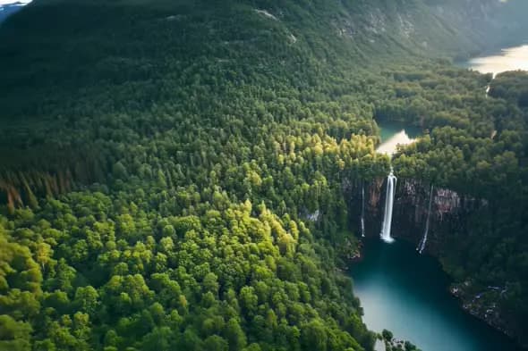Stunning Aerial View Cascading Waterfalls Lush Forest Landscape