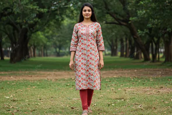 Woman in Floral Kurti Amid Green Park