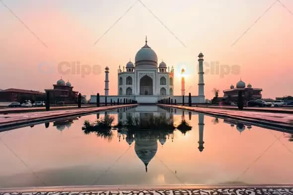 Taj Mahal Reflecting in Tranquil Pool at Sunrise