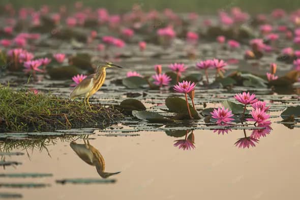 Heron Among Lotus Blossoms
