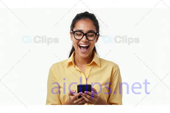 Woman Smiling at Smartphone in Excitement