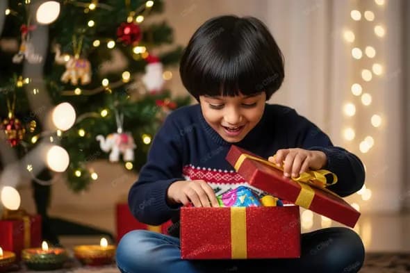 Joyful Indian Boy Unwrapping a Christmas Surprise