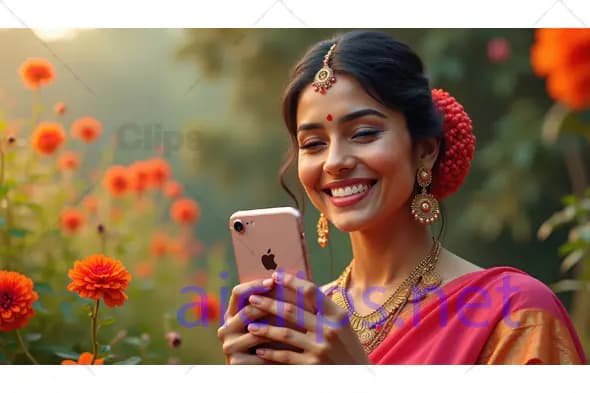 Smiling Woman in Traditional Attire Using Smartphone
