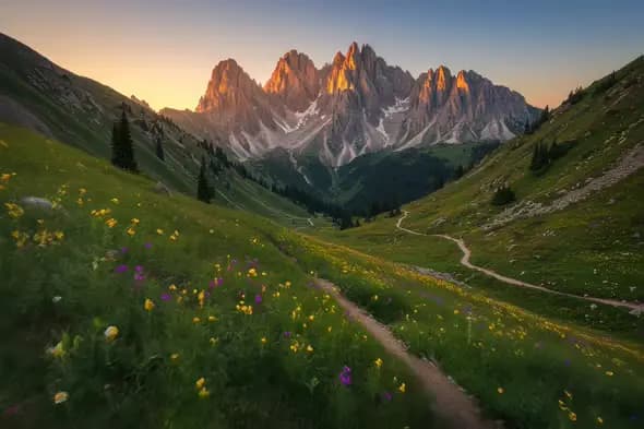 Majestic Alpine Peaks Glowing Sunset Wildflower Meadow