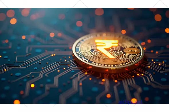 Digital Indian Rupee Coin on Circuit Board