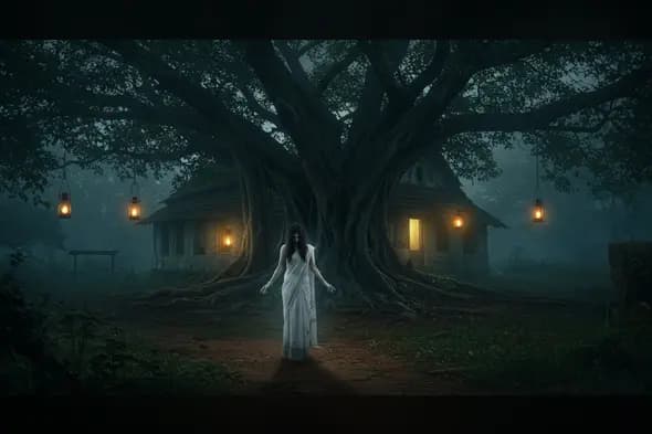 Horror Scene of Indian Woman in White Saree under Haunted Banyan Tree – Dark Folklore Forest