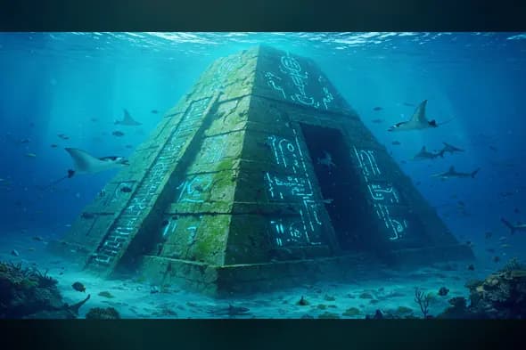 Ancient Underwater Pyramid with Glowing Hieroglyphs