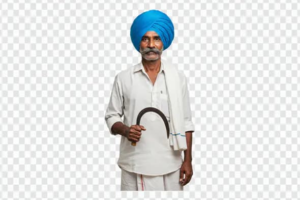 Sikh Farmer with Blue Turban Holding Sickle PNG