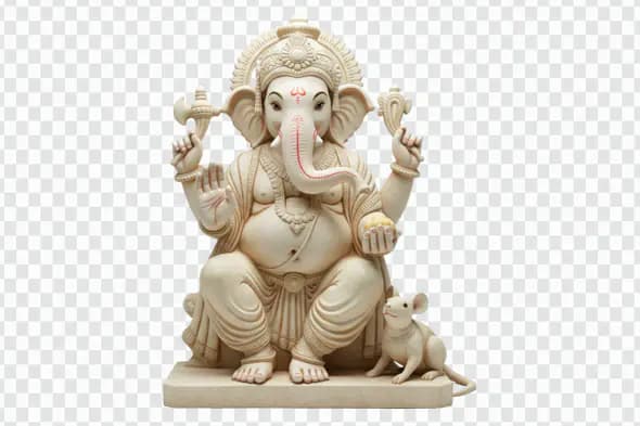 Ivory Ganesha Statue with Devoted Mouse PNG