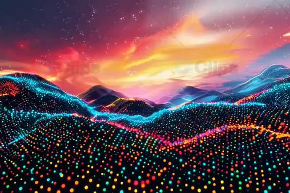 Futuristic Digital Landscape with Vibrant Dots and Abstract Sky