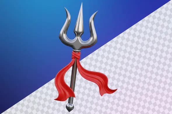 Metallic trident with flowing red ribbon decoration
