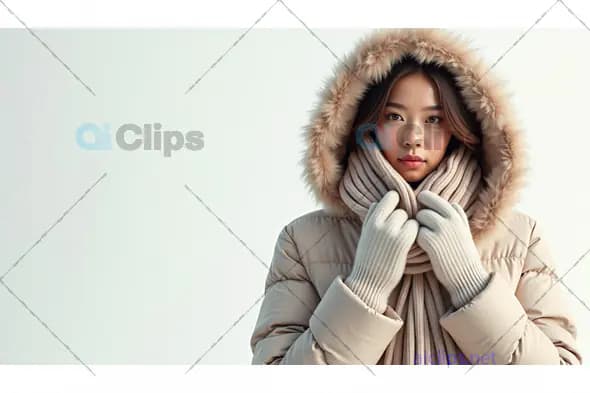 Winter Fashion: Woman in Warm Fur-Lined Hood and Scarf