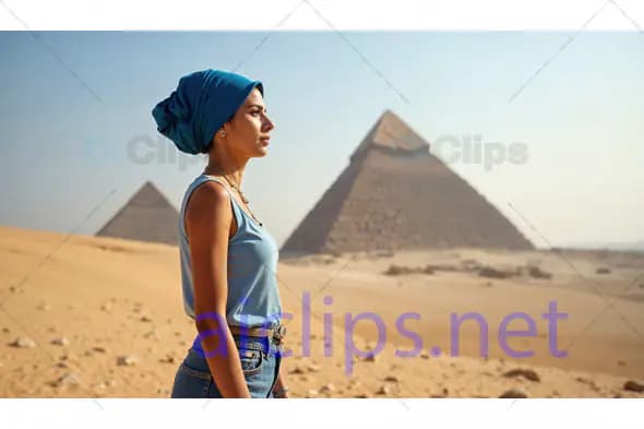 Woman in Blue Turban at Giza Pyramids