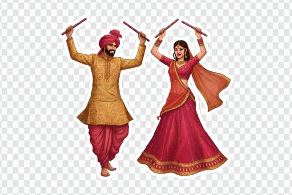 Joyful Indian Couple Performing Dandiya Dance PNG